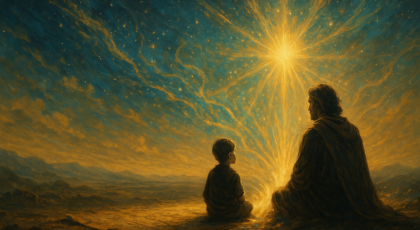 A child and an adult sitting under a cosmic night sky illuminated by a radiant light, symbolizing the silent transmission of leadership, wisdom, and awakening across generations.