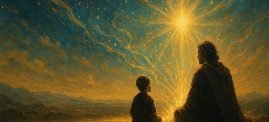 A child and an adult sitting under a cosmic night sky illuminated by a radiant light, symbolizing the silent transmission of leadership, wisdom, and awakening across generations.