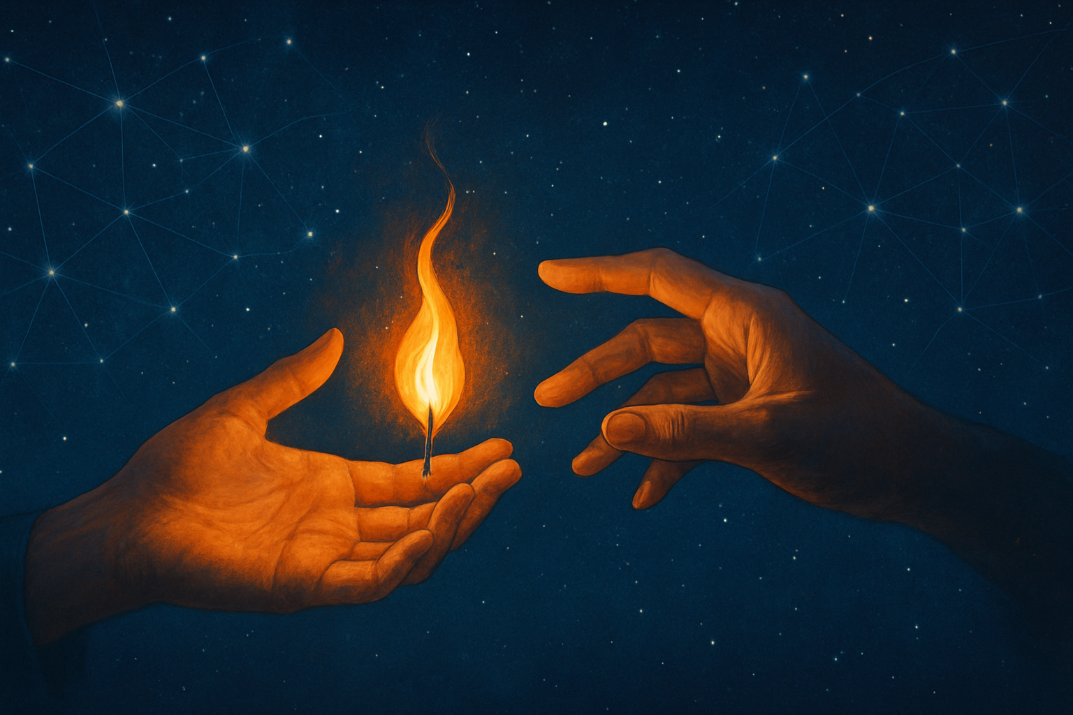 Two human hands reaching toward a small glowing flame in darkness, symbolizing the awakening of true leadership and the call that Awakened Leadership must rise.
