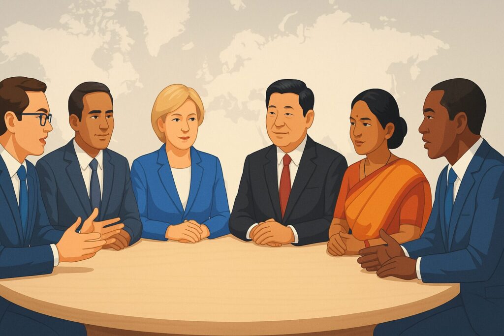 Illustration of diverse global leaders in discussion, symbolizing the shifting dynamics of influence in the Global Soft Power Index 2025.