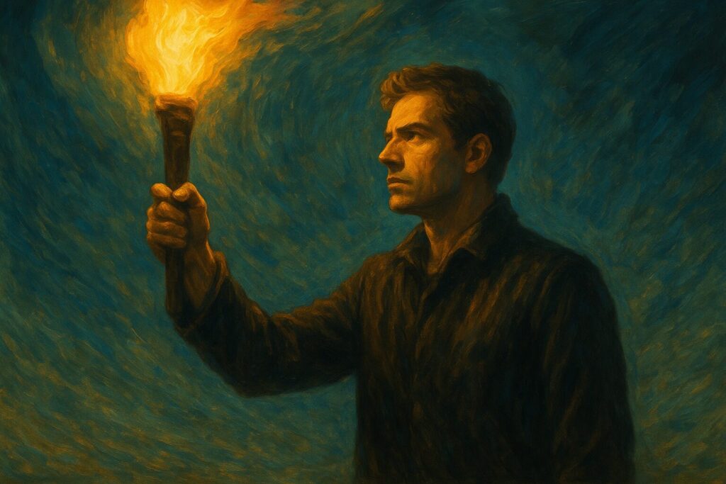 Before the Last Story Fades Awakened Leadership Must Rise 1 Man holding a torch in the dark symbolizing Awakened Leadership Must Rise.