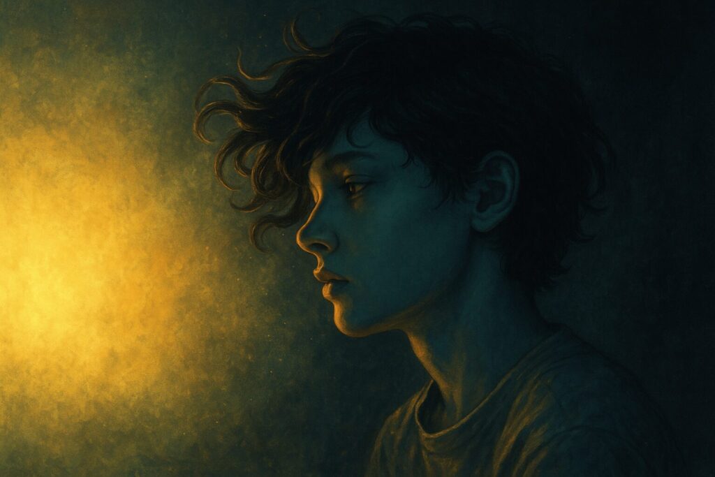 A Self-Awareness Journey Through Everything I Am 1 Portrait of a young person in soft golden light, symbolizing the self-awareness journey through light, darkness, and inner reflection.