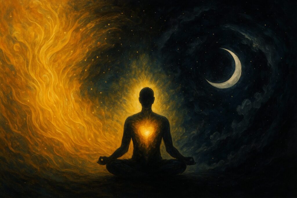 What is life? A revelation from higher self that might change your life forever 1 A meditative figure surrounded by cosmic light and darkness, symbolizing the energetic balance of life and the deeper truth behind what is life.