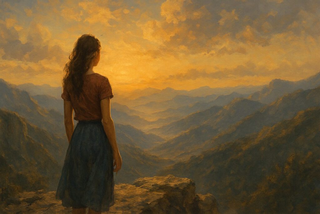 Beyond Time and Change: Becoming a Dream Love in a Shifting World 1 A woman embracing stillness before mountains, becoming a dream love silently.
