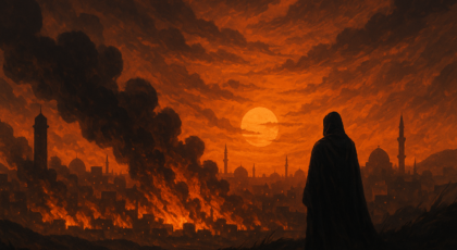 A digital painting in warm, fiery tones shows a lone cloaked figure standing on a hill, gazing at a city engulfed in flames and smoke beneath a dramatic sunset. Minarets and domes silhouette the skyline, evoking themes of war, religion, and global unrest. The image conveys devastation, reflection, and the haunting silence of failed leadership.