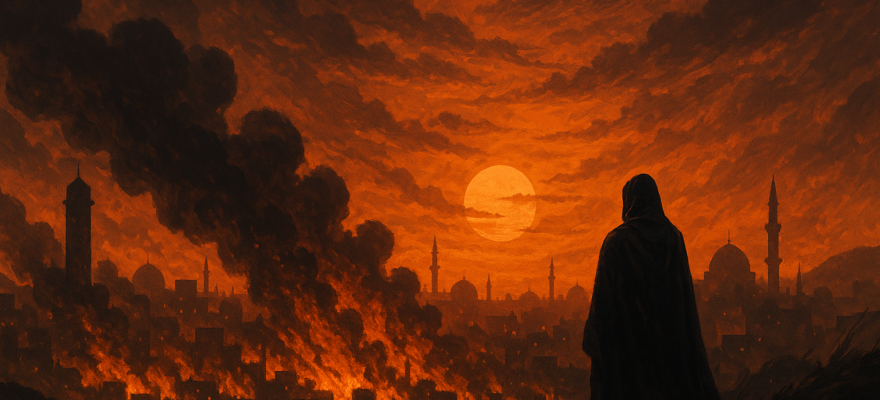 A digital painting in warm, fiery tones shows a lone cloaked figure standing on a hill, gazing at a city engulfed in flames and smoke beneath a dramatic sunset. Minarets and domes silhouette the skyline, evoking themes of war, religion, and global unrest. The image conveys devastation, reflection, and the haunting silence of failed leadership.