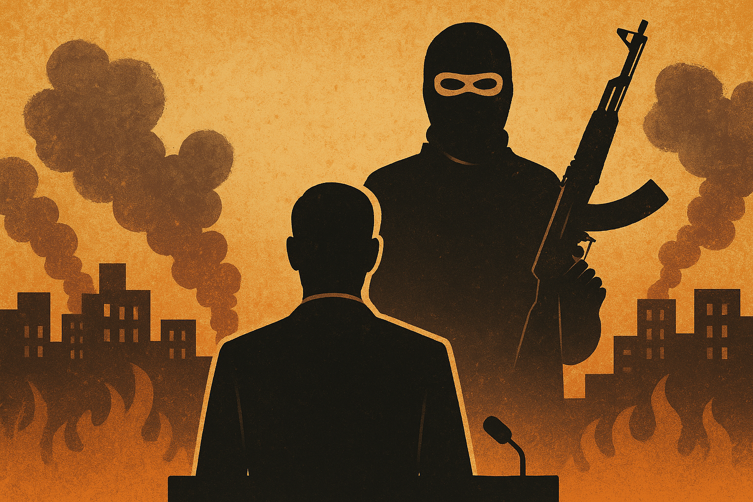 A digital illustration shows the silhouette of a leader standing at a podium, facing a towering masked militant holding a rifle. The background depicts a war-torn city in flames, with smoke rising from ruined buildings. The terrorism scene is colored in burnt orange and black tones, evoking a sense of urgency, fear, and moral confrontation.