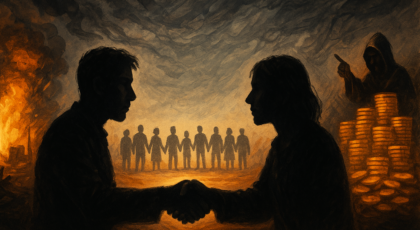 An animated digital painting representing “Courtesy in Chaos,” showing two silhouetted figures shaking hands amid destruction, human unity, and looming greed.