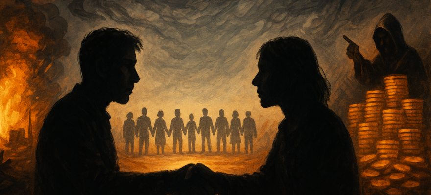 An animated digital painting representing “Courtesy in Chaos,” showing two silhouetted figures shaking hands amid destruction, human unity, and looming greed.