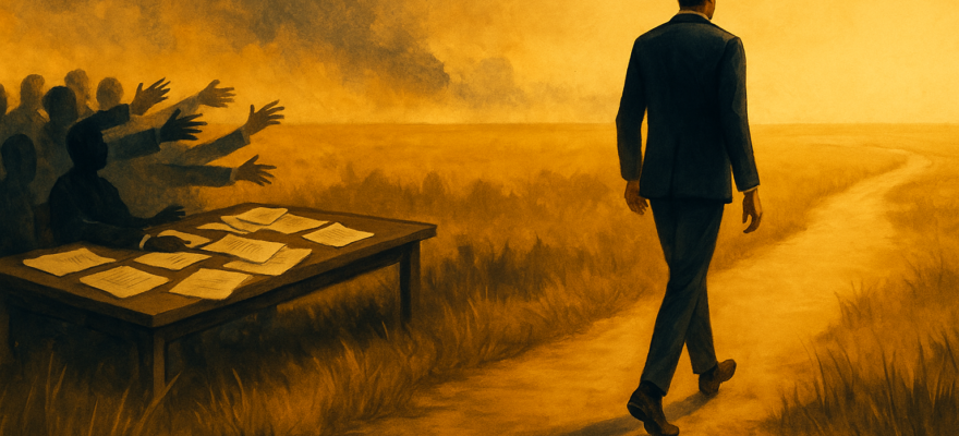 A digital painting of a solitary figure walking away from a negotiation table scattered with papers and outstretched hands, toward an open golden landscape—capturing the shift in clarity and power that begins when leaders stop bargaining with the world.
