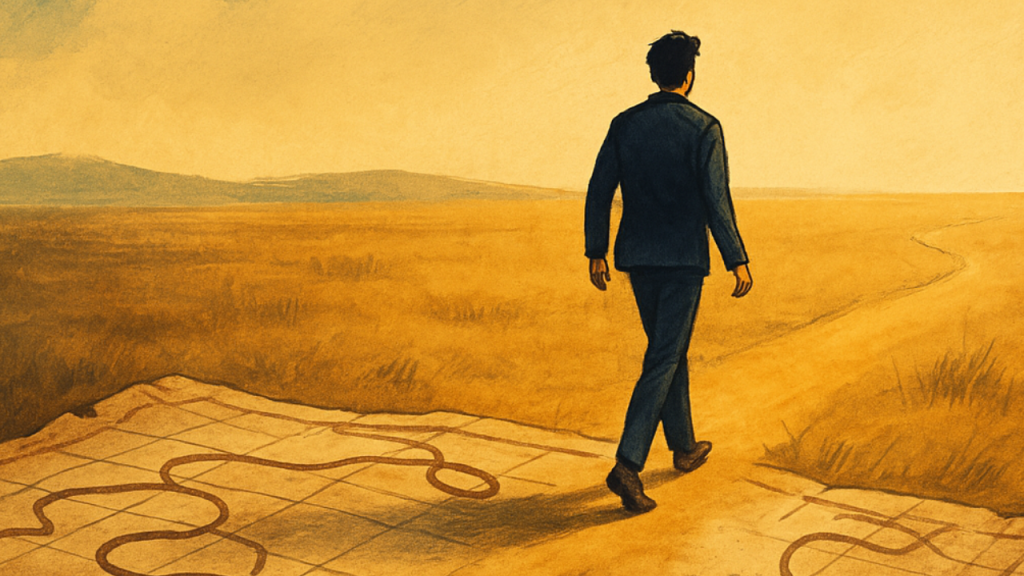 When You Stop Bargaining with the World. True Leadership Begins 1 A leader walks off the mapped path into unknown terrain, symbolizing the moment you stop bargaining with the world and start following your own direction.