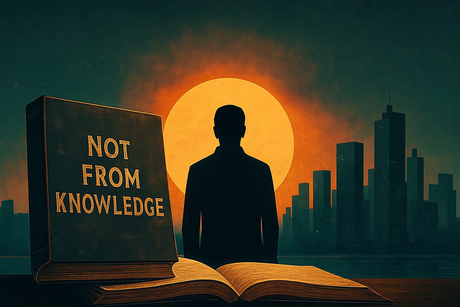 A silhouetted figure stands in front of a glowing sun, facing a futuristic city skyline. In the foreground, two books—one titled “Not From Knowledge”—symbolize the shift from traditional learning to awakened leadership. The visual blends human presence, knowledge, and modernity, embodying the essence of SunDeep Mehra’s message.