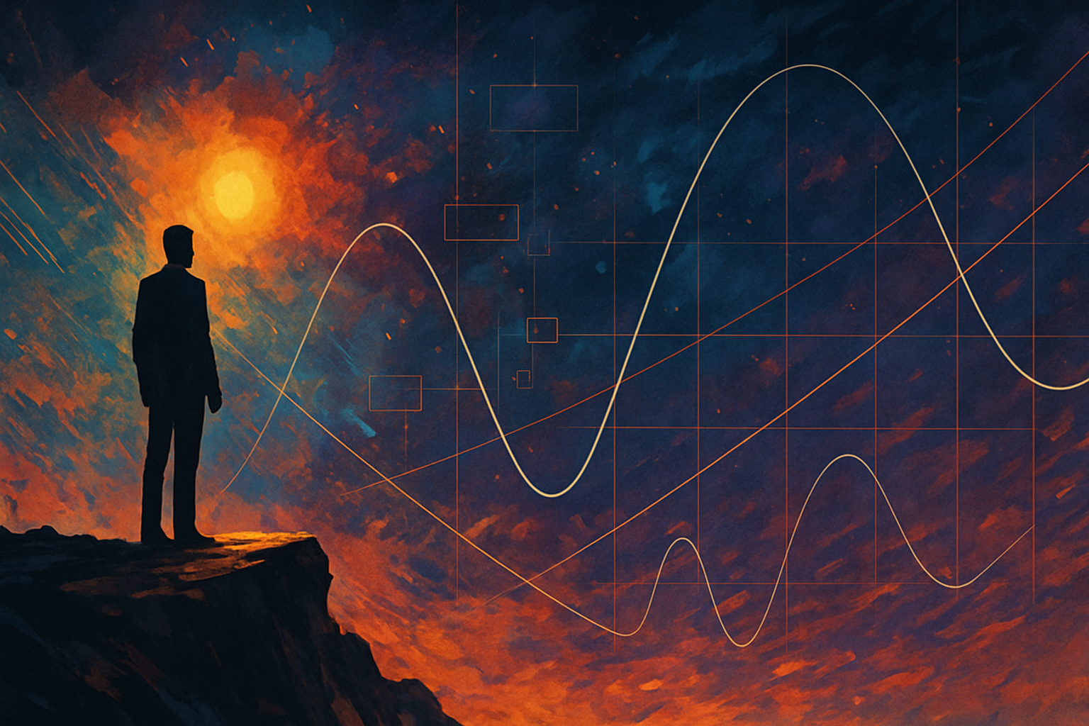 A visionary leadership illustration showing a man standing on a cliff edge, gazing into a cosmic sky filled with mathematical wave patterns—symbolizing leadership beyond predictable systems.