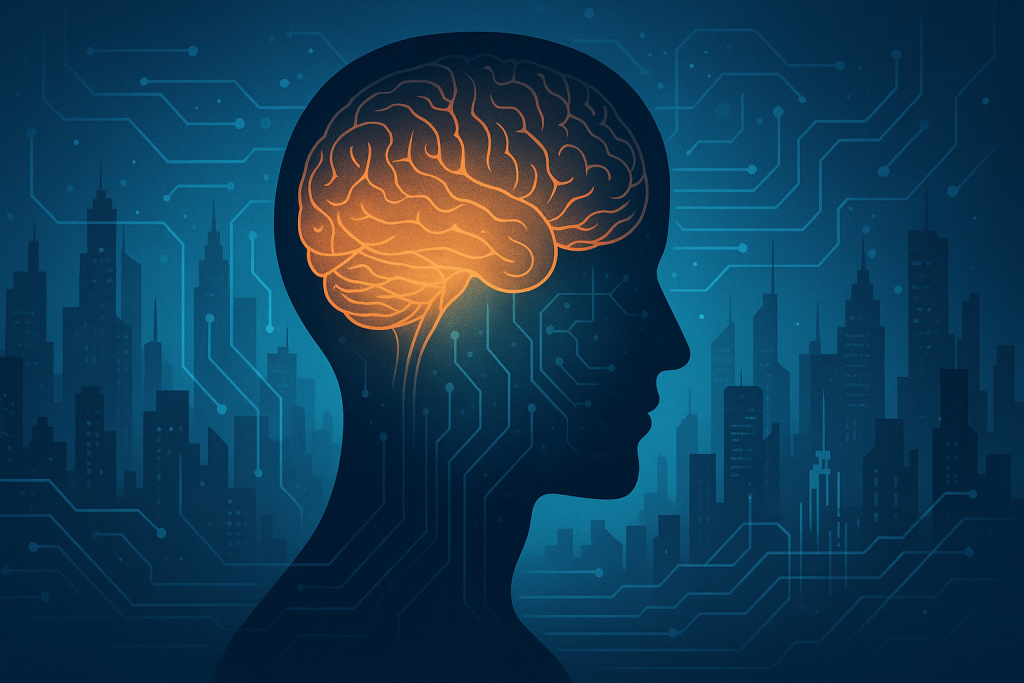 Why Being Human Is the Only Future We Have 1 A digital illustration of a human silhouette with a glowing brain made of neural circuits, set against a futuristic cityscape and digital network — symbolizing the contrast between AI progress and the essence of being human.
