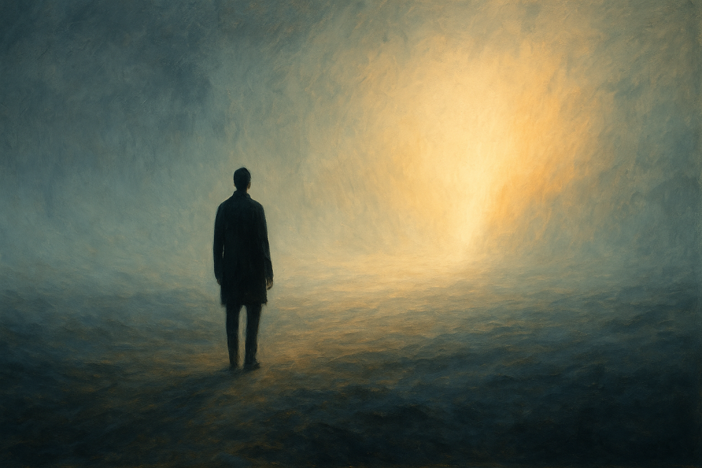 A lone figure stands in a vast, fog-covered landscape, facing a distant golden light—symbolizing the path of true leadership: walking into the unknown, guided not by certainty, but by inner vision, courage, and awakening.