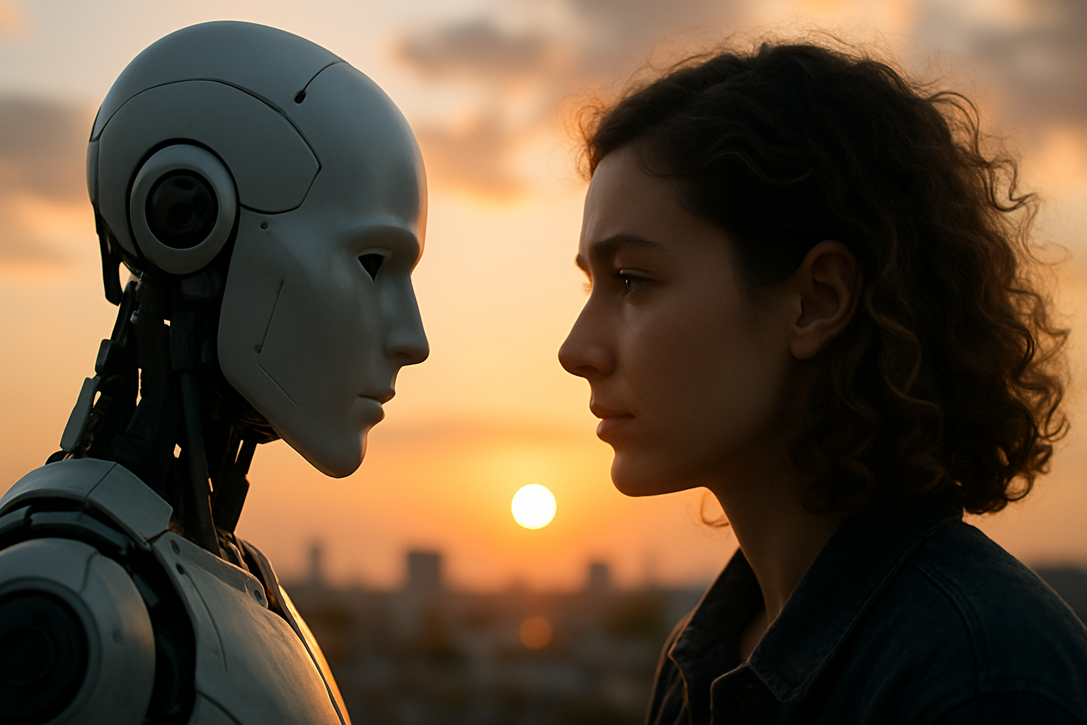 A human woman and an AI humanoid face each other at sunset, symbolizing the contrast between artificial intelligence and human presence in a changing world.