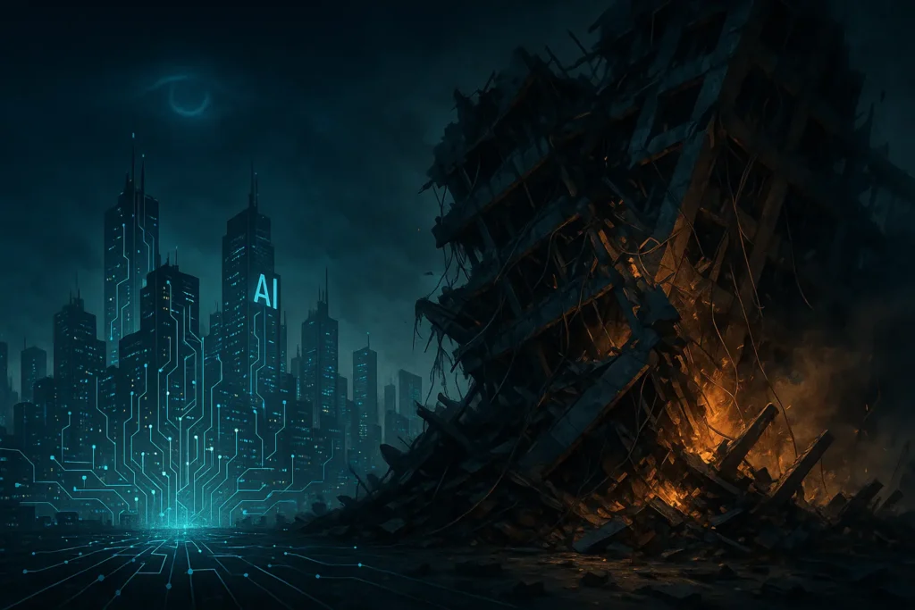 AI Without Ethics is Not Innovation — It’s Collapse 1 Futuristic AI city collapsing from within, symbolizing AI without ethics.