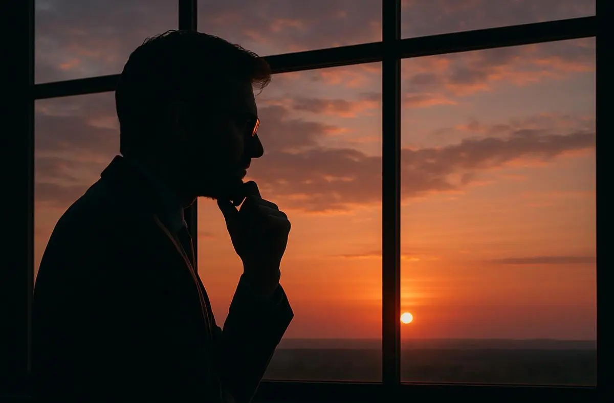 Narrative transformation in leadership captured through a reflective sunset moment.