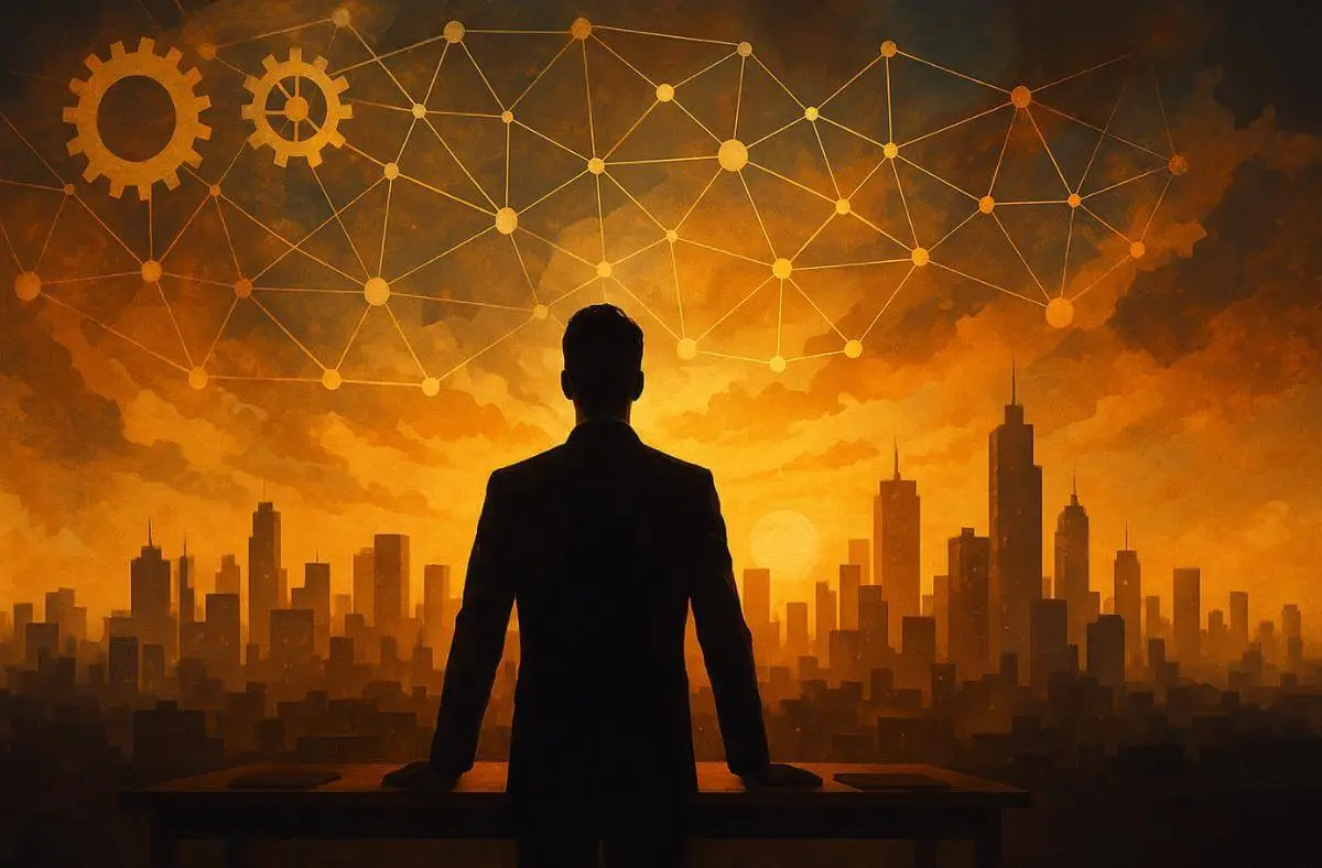 Leader overlooking city network, symbolizing Leadership and Systems Thinking