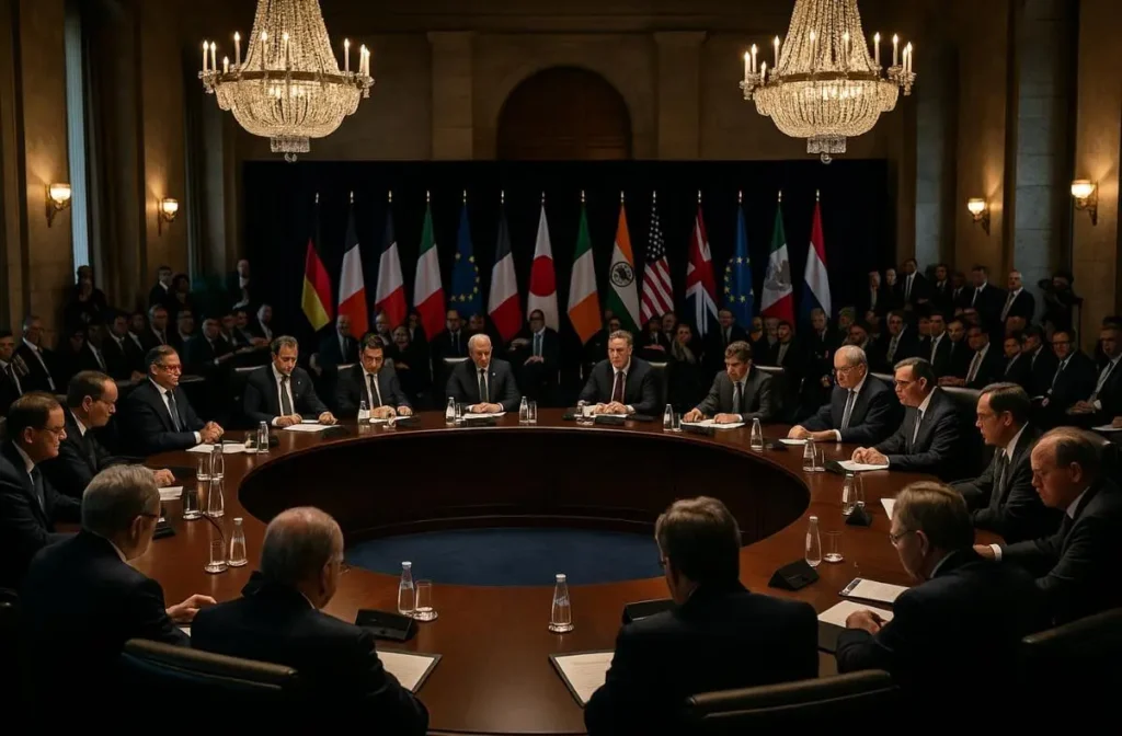 Symbolic global summit collapse highlighting the Future of Peace and Awakened Diplomacy in governance