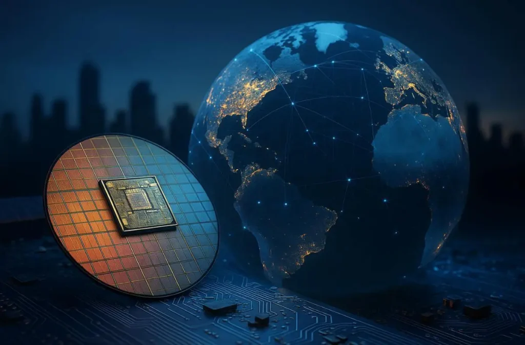 Semiconductor geopolitics visual showing chip wafer and networked globe of global strategy.