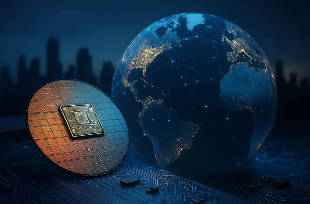 Semiconductor geopolitics shaping global leadership with chip and digital world map.