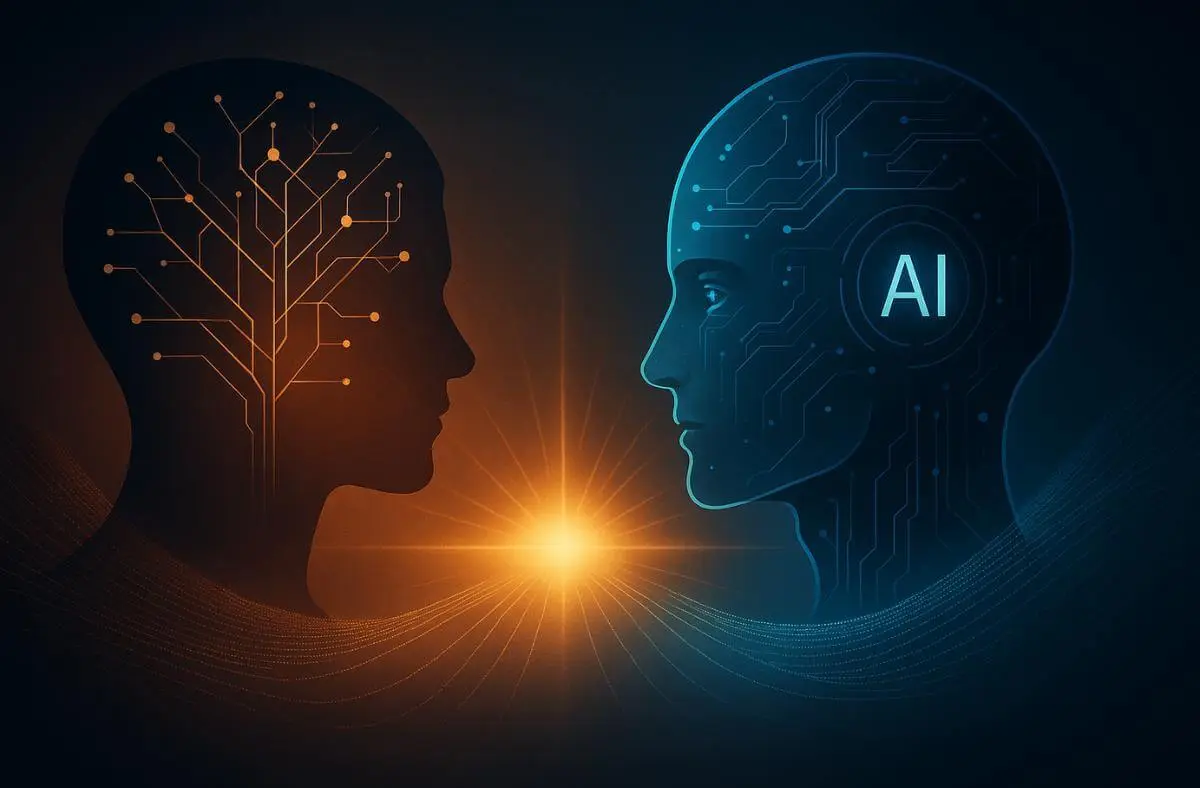 Awakened Leadership and Machine Intelligence visualized through a glowing quantum landscape of awakened clarity