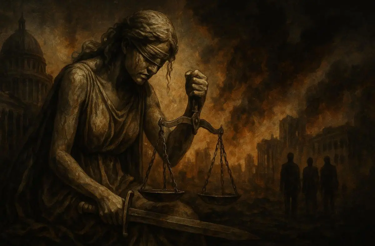 A visual reflection of the Collapse of Conscience showing fading moral light across global leadership structures.