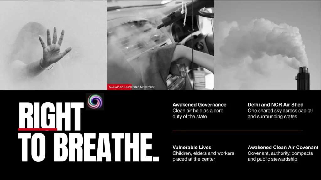 Awakened Clean Air Covenant banner showing Delhi NCR pollution sources and vulnerable lives needing awakened governance and protection.