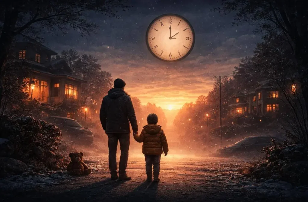 6 A.M. in the Night: When Innocence Exposes the Theatre of Power 1 Child innocence reflection in a winter dawn scene showing a parent and child under early morning streetlights, symbolizing truth, love, and human presence.