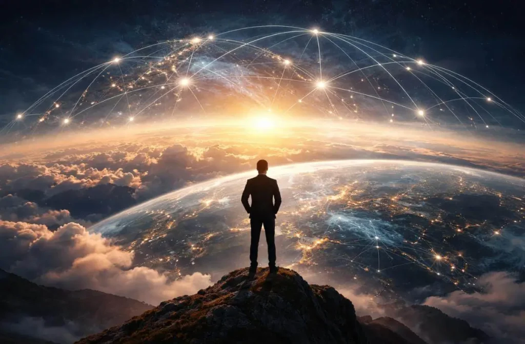 Leadership Intent and the Future of Leadership Leadership intent guiding a lone decision maker overlooking the interconnected world and the future of global governance.