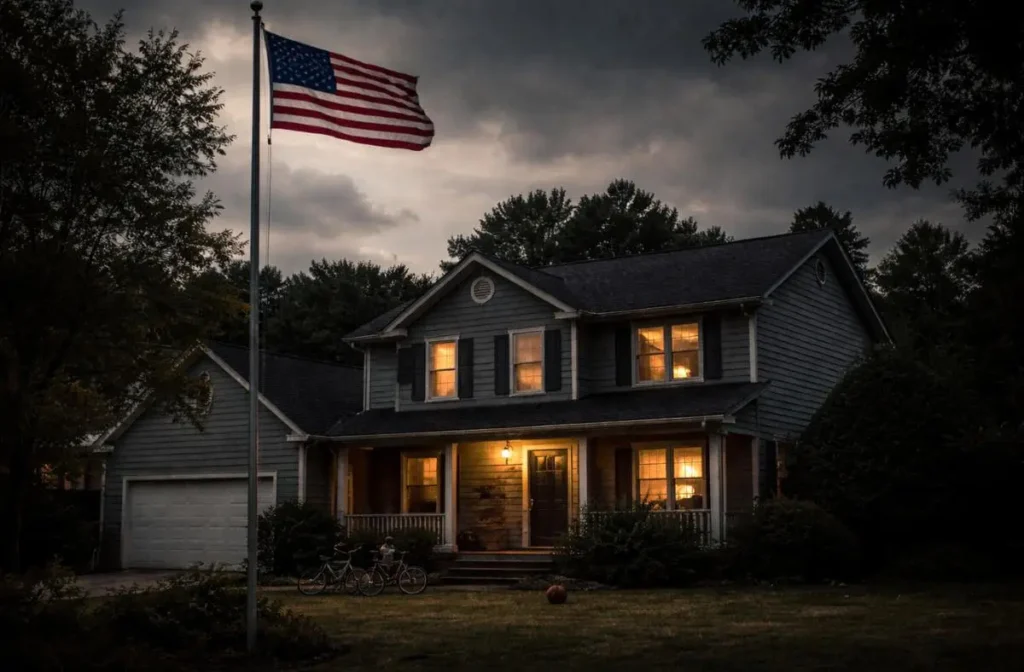 The House Beneath the Flag 1 Suburban house with a national flag at sunset, representing patriotism, leadership values, family responsibility, and the contrast between public identity and private reality.