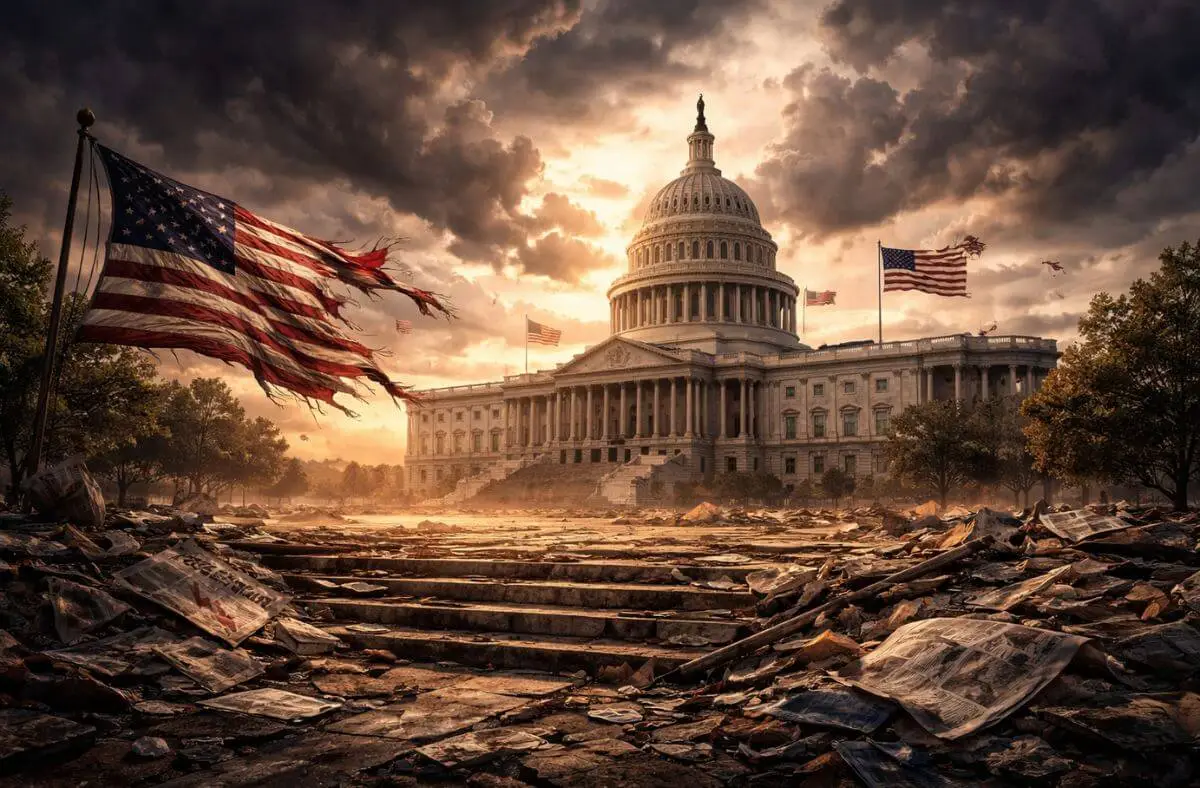 US Democratic Leadership under strain as the Capitol stands amid storm clouds, symbolizing governance pressure and institutional resilience