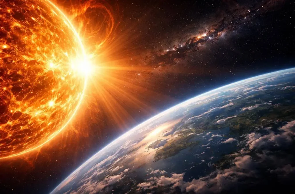 Comparison of solar energy vs human energy consumption showing the Sun’s immense power reaching Earth in space