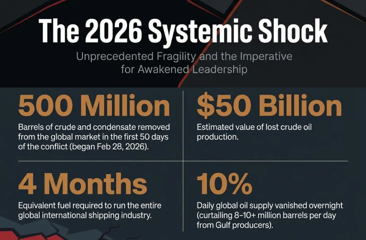 2026 global energy supply disruption infographic showing 500 million barrels removed and the imperative for awakened leadership