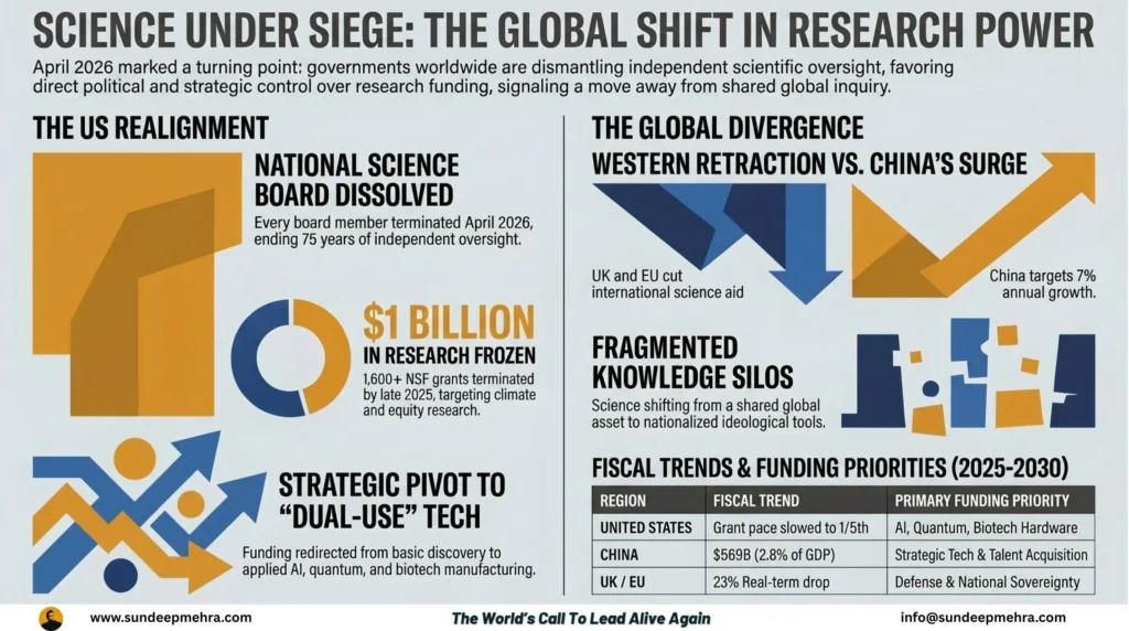 Infographic showing science under siege with NSB firing, global research funding cuts, and divergence between Western cuts and China’s R&D surge.