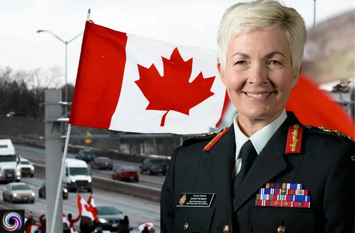 General Jennie Carignan in military uniform with Canadian flag for Canada large-scale conflicts warning