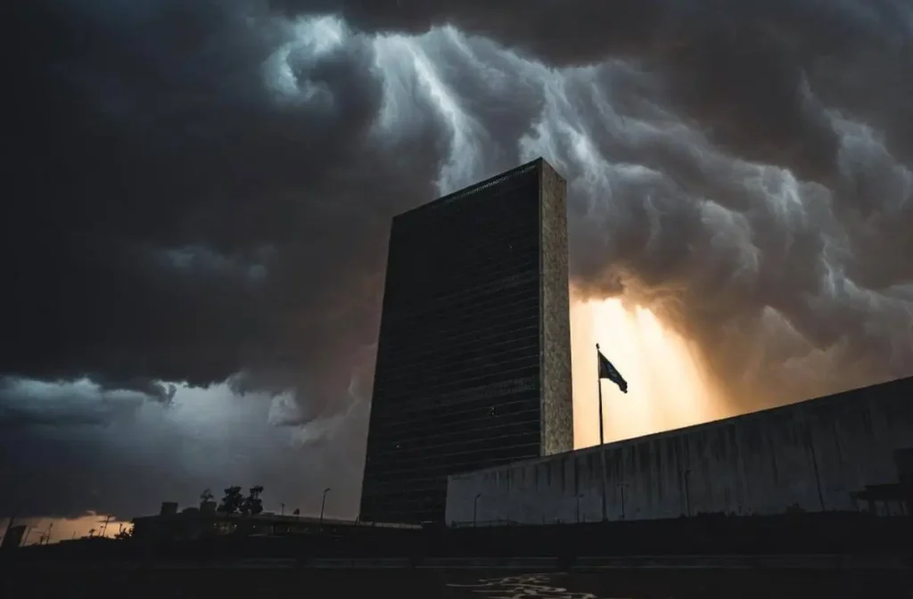 UN headquarters building in dark storm clouds pierced by golden sunlight ray representing crisis in global governance and hope for reform