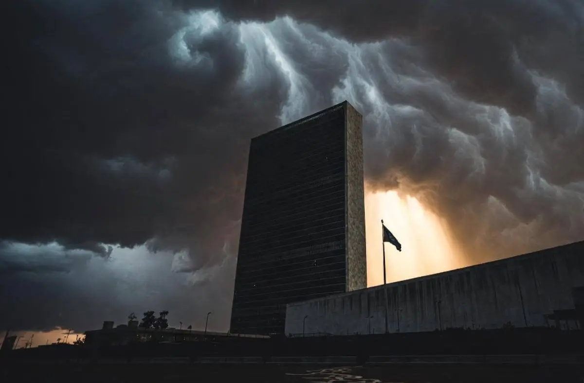 Crisis in global governance: UN headquarters in storm with awakening light