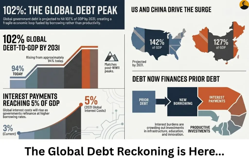 Global Debt Crisis infographic showing 102% global debt-to-GDP by 2031, US at 142%, China at 127%, and rising interest payments

