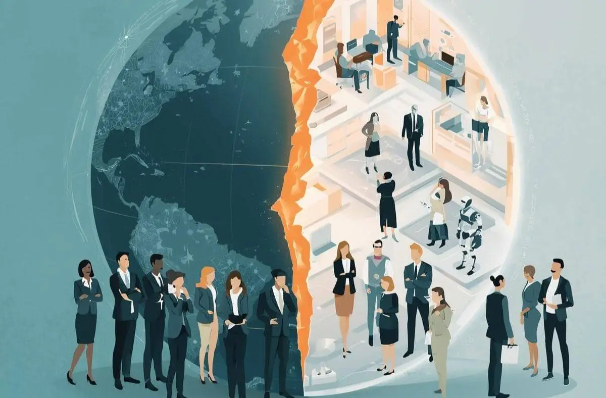 Symbolic illustration of the global employment fracture showing diverse professionals on one side of a glowing crack and AI systems with robots on the other side
