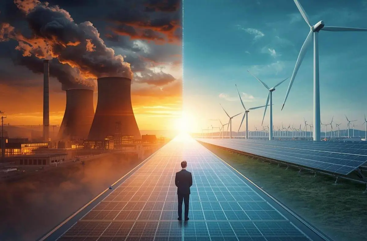 Global energy transition 2026: A leader stands at the crossroads of coal resurgence and renewables revolution, symbolizing the need for awakened leadership