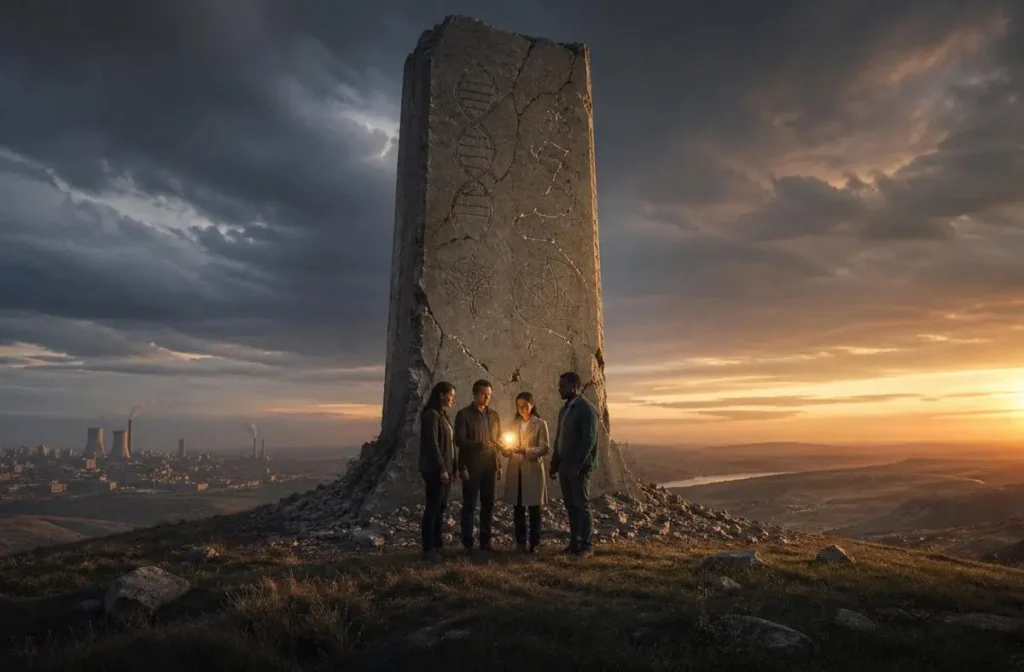 Scientists protecting glowing knowledge beside cracking monument, symbolizing science under siege.