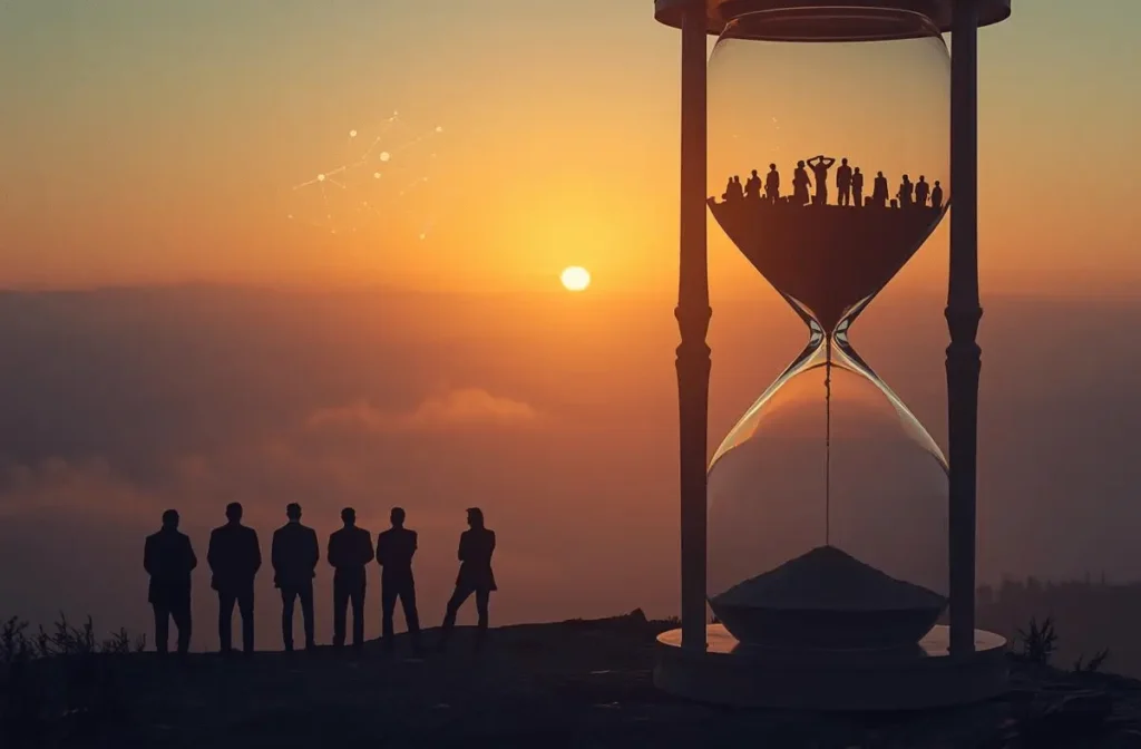 Group of professionals gazing at a sunrise while an hourglass with human figures runs out, visualizing the shrinking workforce global power shift and the call for awakened governance.