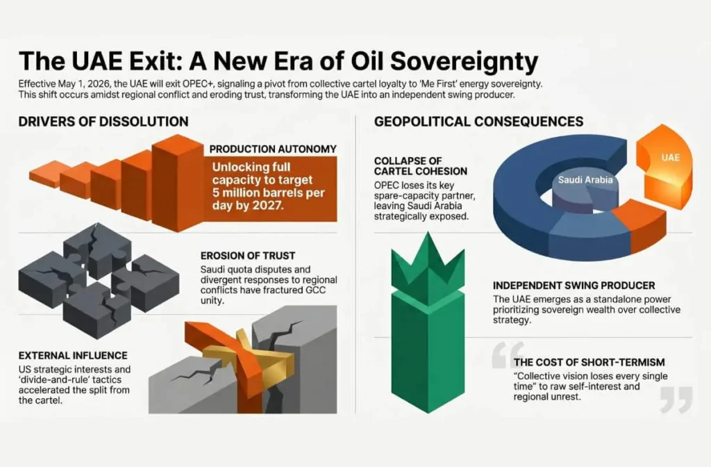 UAE Quits OPEC infographic showing drivers of exit and geopolitical consequences in 2026