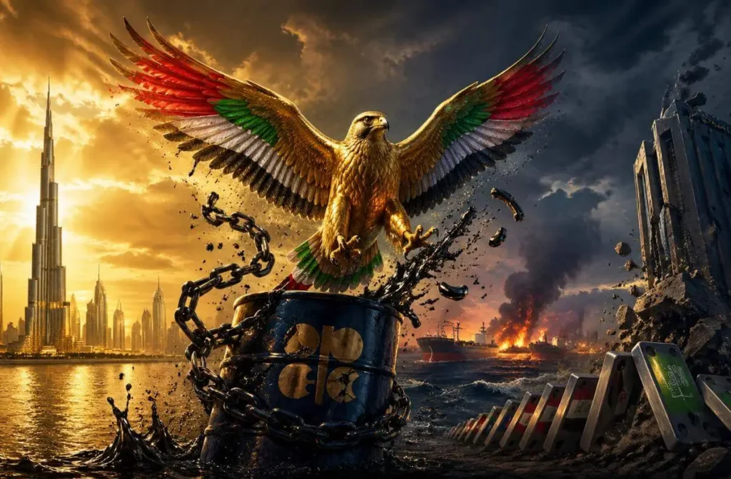UAE Quits OPEC: Majestic falcon breaking OPEC chains with Burj Khalifa and stormy geopolitics backdrop