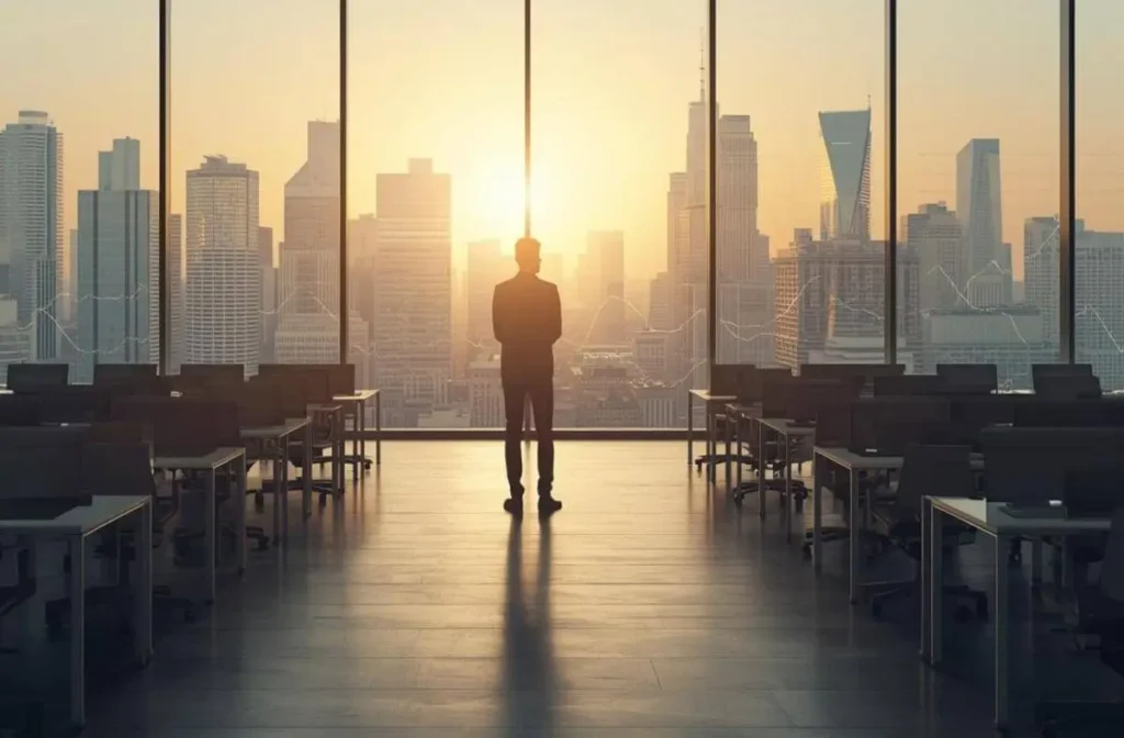 US Labor Market Collapse 2026: The Silent Shift That Changes Everything 1 Business leader standing alone in a spacious empty office, looking out at the sunrise over the city skyline, representing the US labor market collapse 2026 and the shrinking workforce reality