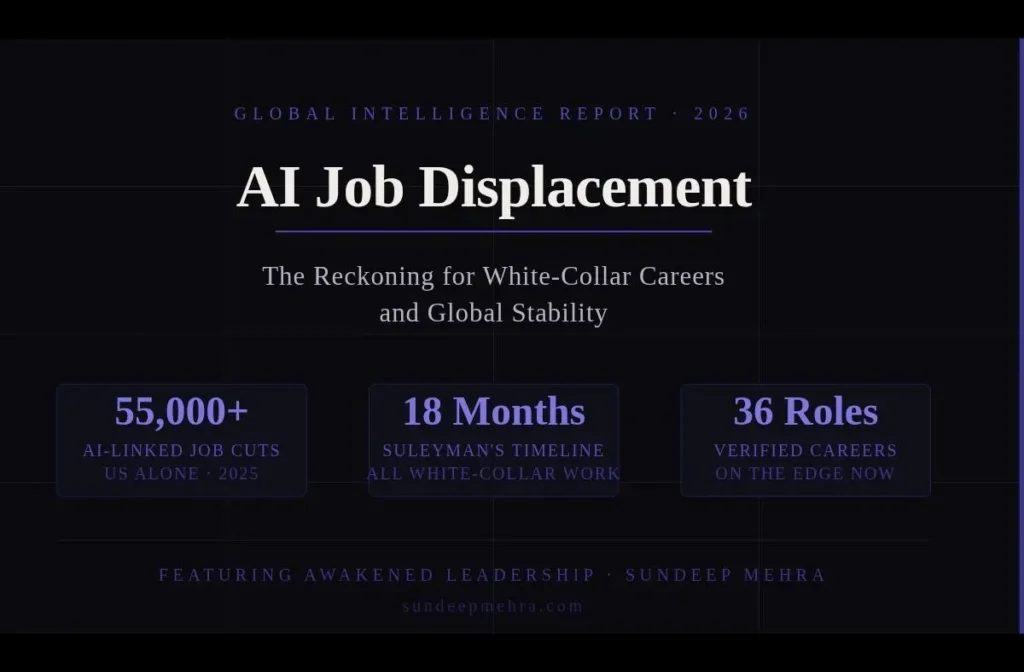 AI White-Collar Job Disruption: The Reckoning No Leader Is Ready For 4 AI White-Collar Job Disruption 2026 Global Intelligence Report by SunDeep Mehra - 55,000+ AI job cuts, Suleyman's 18-month timeline, 36 careers on the edge