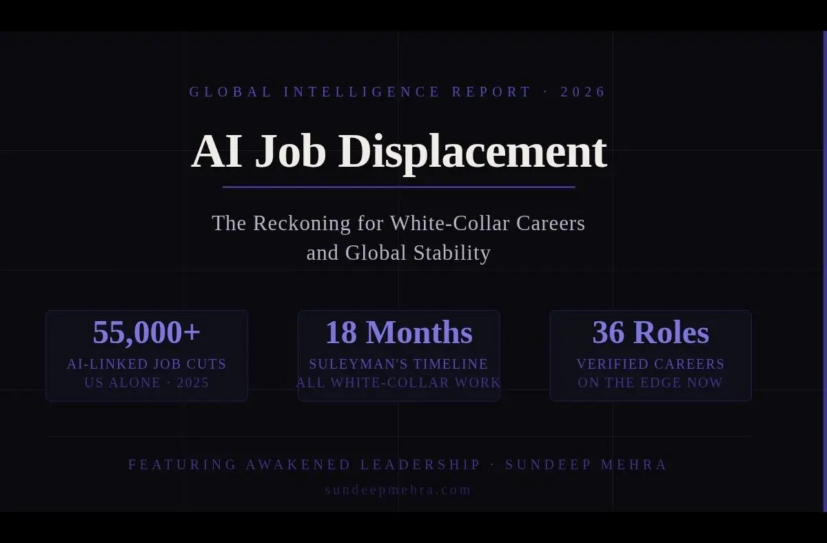 AI White-Collar Job Disruption 2026 Global Intelligence Report by SunDeep Mehra - 55,000+ AI job cuts, Suleyman's 18-month timeline, 36 careers on the edge