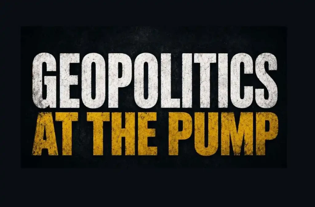 GEOPOLITICS AT THE PUMP 1 Geopolitics at the pump bold typography title on a dark textured background for the website header